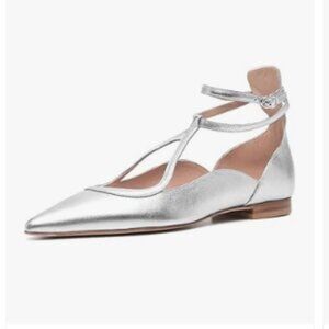 FSJ Silver Comfortable Chunky Low Heel Cross Ankle Strap Buckle Pointed Toe Shoe